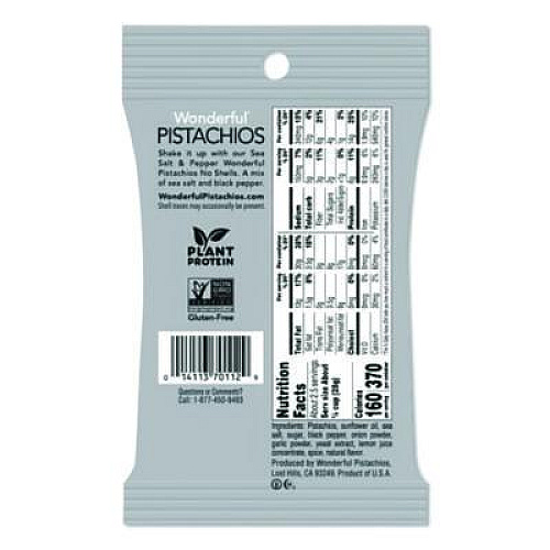 Wonderful No Shells Sea Salt and Pepper Pistachios, 2.25 oz Pack, 8/Box (PAR70144)