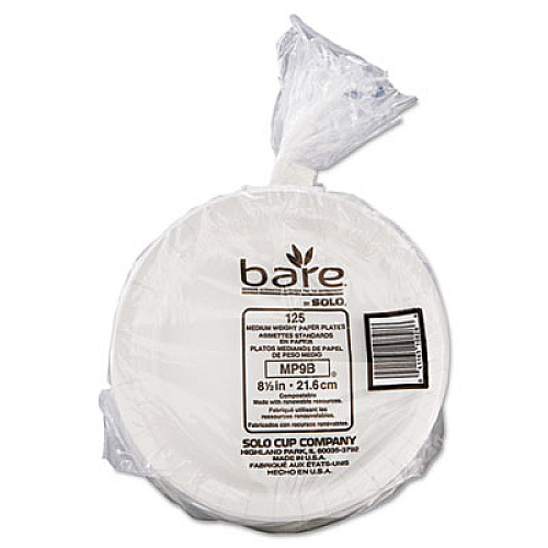 SOLO Bare Eco-Forward Clay-Coated Paper Dinnerware, ProPlanet Seal, Mediumweight, Plate, 8.5" dia, White, 125/Pack, 4 Packs/Carton (MP9BR2054)