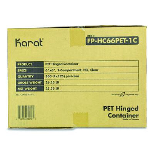 Karat PET Plastic Hinged Container, 6 x 6 x 3.3, Clear, Plastic, 500/Carton (FPHC66PET1C)