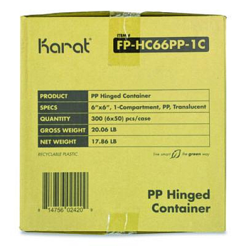 Karat Polypropylene Plastic Hinged Container, 6 x 6 x 3.3, Clear, Plastic, 50/Pack, 6 Packs/Carton (FPHC66PP1C)