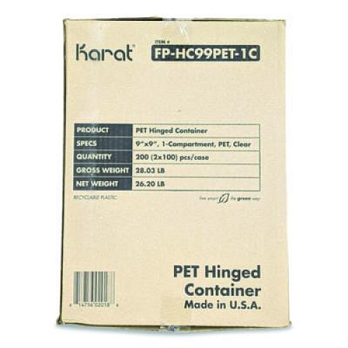 Karat PET Plastic Hinged Container, 9 x 9 x 3.6, Clear, Plastic, 100/Pack, 2 Packs/Carton (FPHC99PET1C)
