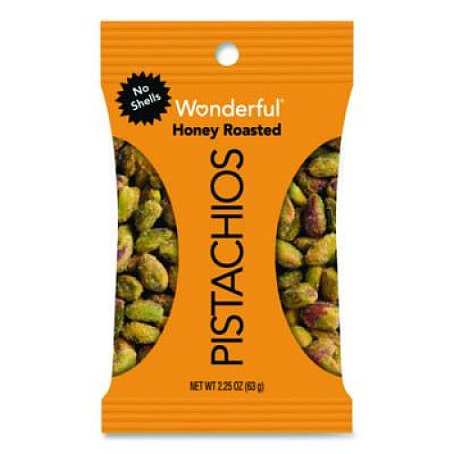 Wonderful No Shells Honey Roasted Pistachios, 2.25 oz Bags, 8/Box (PAR91086)