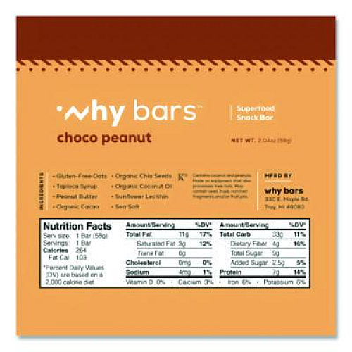 Why Bars Superfood Snack Bar, Choco Peanut, 2.04 oz Bar, 12/Box (WHY16204)