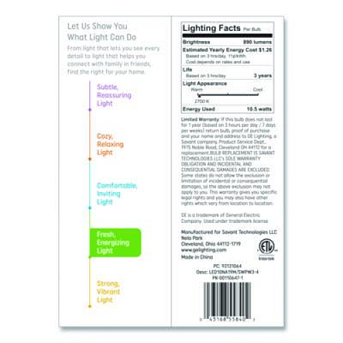 GE Classic LED SW Non-Dim A19 Light Bulb, 10.5 W, Soft White, 4/Pack (93131064)