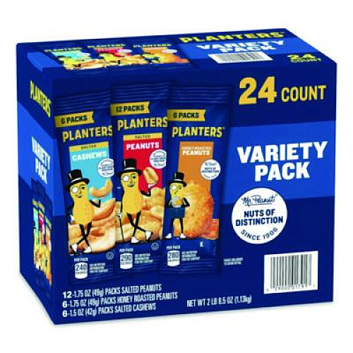 Planters Salted Nuts Variety Pack, Assorted Flavors, 1.5 oz/1.75 oz Packs, 24/Carton (884624)