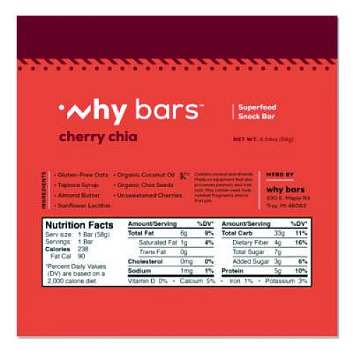 Why Bars Superfood Snack Bar, Cherry Chia, 2.04 oz Bar, 12/Box (WHY16205)