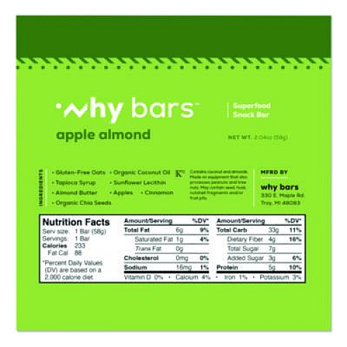 Why Bars Superfood Snack Bar, Apple Almond, 2.04 oz Bar, 12/Box (WHY16208)