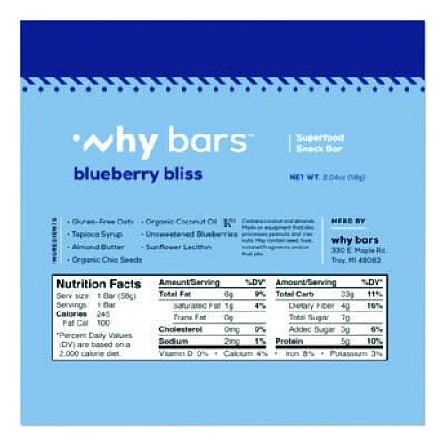 Why Bars Superfood Snack Bar, Blueberry Bliss, 2.04 oz Bar, 12/Box (WHY16209)
