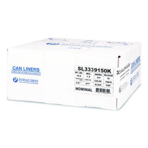 Inteplast Group Low-Density Commercial Can Liners, 33 gal, 1.5 mil, 33" x 39", Black, Interleaved Roll, 20 Bags/Roll, 5 Rolls/Carton (SL3339150K)