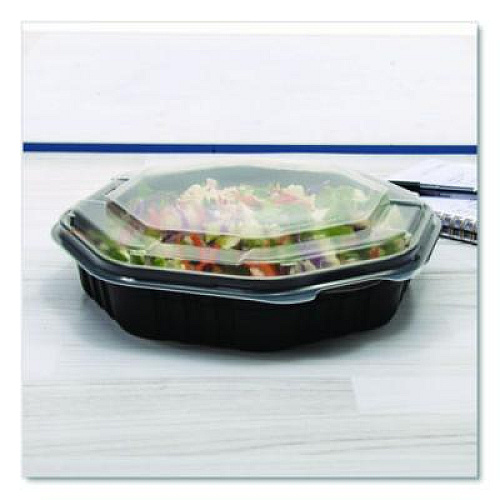 SOLO Creative Carryouts OctaView Hinged Lid Containers, 9.13 x 9.55 x 2.38, Black/Clear, Plastic, 100/Carton (809013PP94)