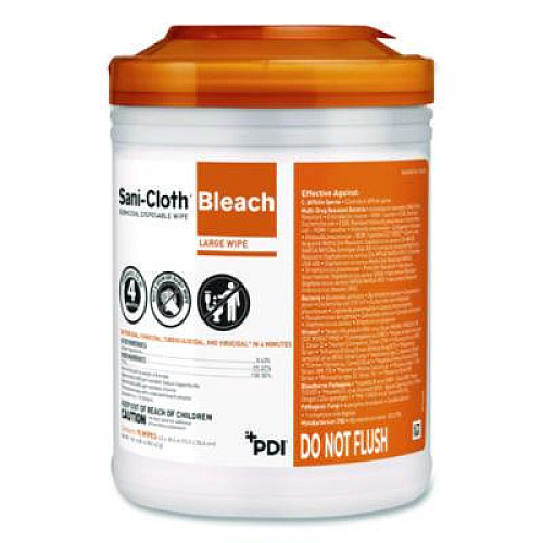 Sani Professional Sani-Cloth Bleach Germicidal Disposable Wipes, 1-Ply, 6 x 5, Unscented, White, 160/Canister, 12 Canisters/Carton (P84172)
