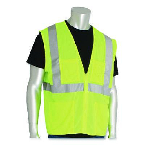 PIP ANSI Class 2 Four Pocket Zipper Safety Vest, Polyester Mesh, 3X-Large, Hi-Viz Lime Yellow (302MVGZ4PLY3)