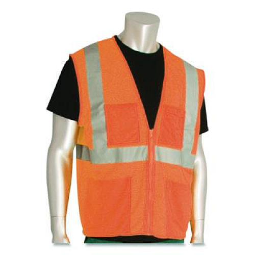 PIP ANSI Class 2 Four Pocket Zipper Safety Vest, Polyester Mesh, Large, Hi-Viz Orange (302MVGZ4PORL)