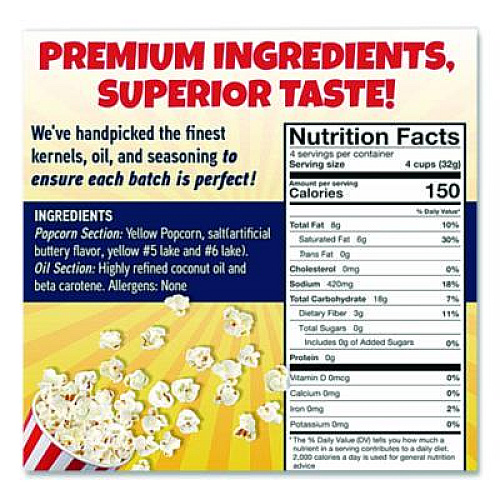Great Western Products Premium America Popcorn, Butter, 8 oz Pack, 36/Carton (GRE00016)
