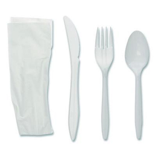 Pactiv Evergreen Fieldware Cutlery Kit, Individually Wrapped, Mediumweight, Fork/Knife/Napkin/Spoon, Plastic, White, 250/Carton (FKFSKWNCH)