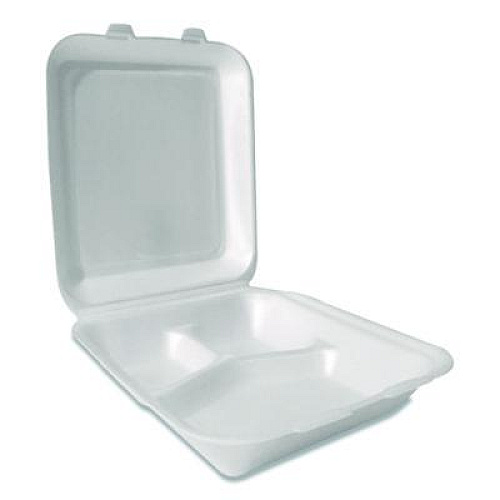 Plastifar Foam Hinged Lid Containers, 3-Compartment, 7.56 x 8.25 x 2.38, White, Foam, 200/Carton (12109)