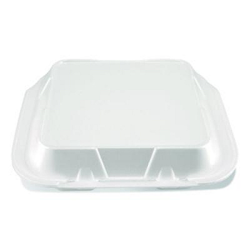 Plastifar Foam Hinged Lid Containers, 9 x 9 x 3, White, Foam, 200/Carton (12084)