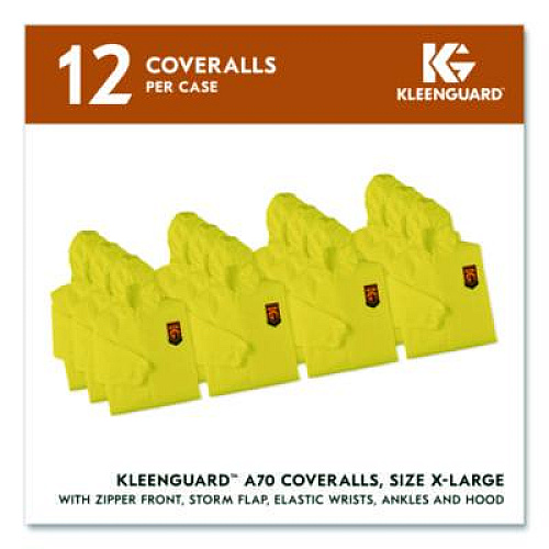 KleenGuard A70 Chemical Spray Protection Coveralls, Elastic Wrists, Ankles, Hood, XL, Yellow, 12/Carton (09814)