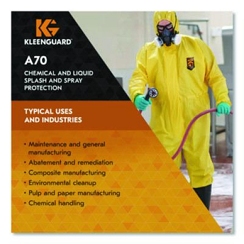 KleenGuard A70 Chemical Spray Protection Coveralls, Elastic Wrists, Ankles, Hood, XL, Yellow, 12/Carton (09814)