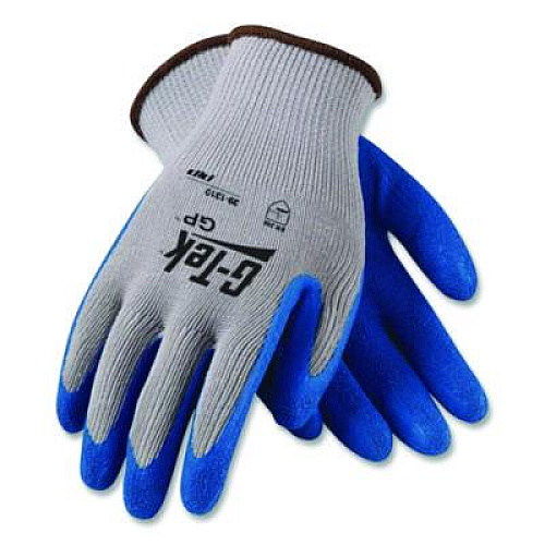 G-Tek GP Latex-Coated Cotton/Polyester Gloves, EN388: 1111, 10" Long, Large, Gray/Blue, 12 Pairs (391310L)