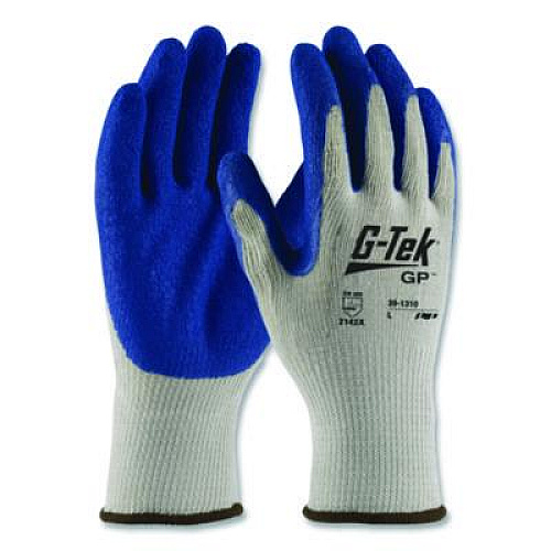 G-Tek GP Latex-Coated Cotton/Polyester Gloves, EN388: 1111, 10" Long, Large, Gray/Blue, 12 Pairs (391310L)