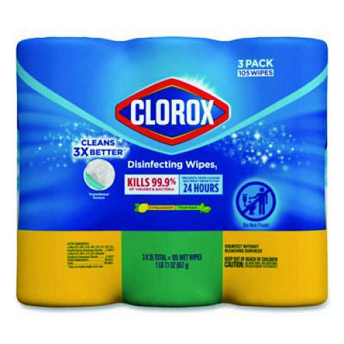 Clorox Disinfecting Wipes, Cleaning Wipes, 1-Ply, 7 x 8, Fresh Scent/Citrus Blend, 35/Canister, 3/Pack, 5 Packs/Carton (30112CT)
