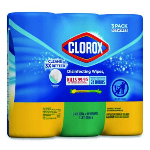 Clorox Disinfecting Wipes, Cleaning Wipes, 1-Ply, 7 x 8, Fresh Scent/Citrus Blend, 35/Canister, 3/Pack, 5 Packs/Carton (30112CT)