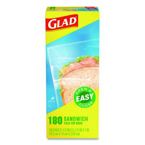 Glad Fold Top Food Storage Plastic Sandwich Bags, 6.5 x 5.5, Clear, 180 Bags/Box, 12 Boxes/Carton (60771)