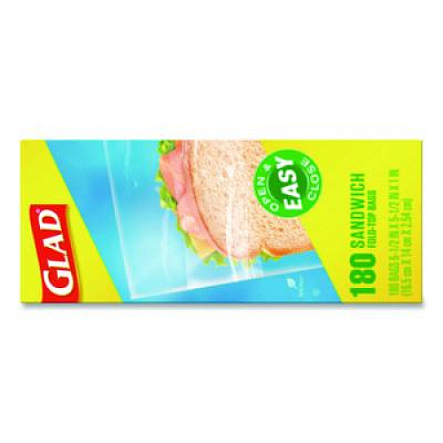 Glad Fold Top Food Storage Plastic Sandwich Bags, 6.5 x 5.5, Clear, 180 Bags/Box, 12 Boxes/Carton (60771)
