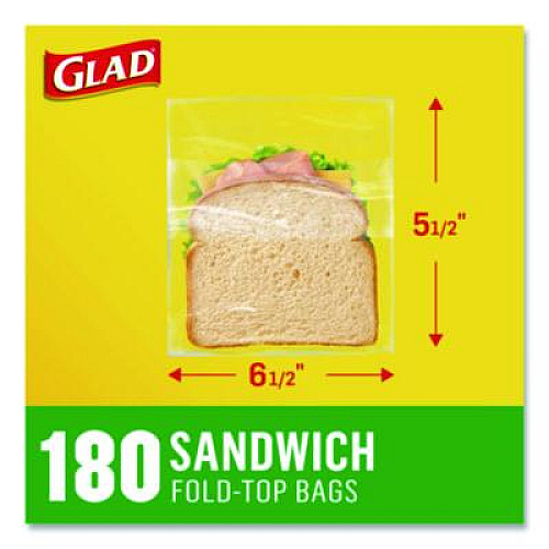 Glad Fold Top Food Storage Plastic Sandwich Bags, 6.5 x 5.5, Clear, 180 Bags/Box, 12 Boxes/Carton (60771)