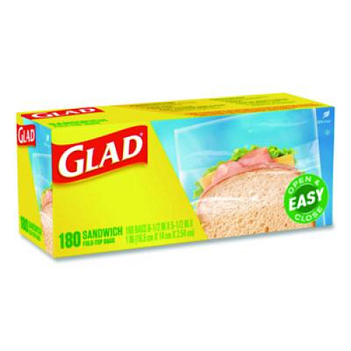 Glad Fold Top Food Storage Plastic Sandwich Bags, 6.5 x 5.5, Clear, 180 Bags/Box, 12 Boxes/Carton (60771)