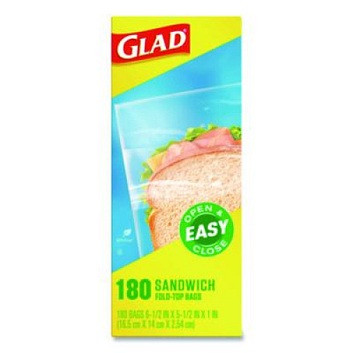 Glad Fold Top Food Storage Plastic Sandwich Bags, 6.5 x 5.5, Clear, 180 Bags/Box, 12 Boxes/Carton (60771)