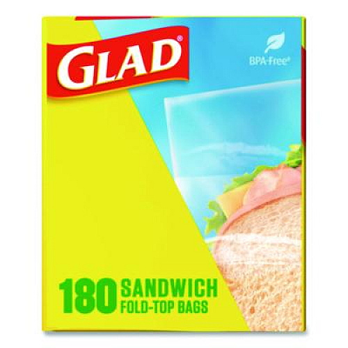 Glad Fold Top Food Storage Plastic Sandwich Bags, 6.5 x 5.5, Clear, 180 Bags/Box, 12 Boxes/Carton (60771)
