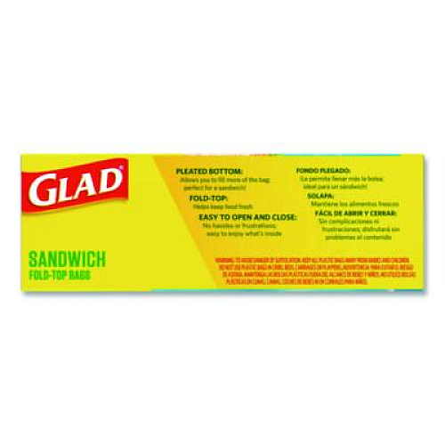 Glad Fold Top Food Storage Plastic Sandwich Bags, 6.5 x 5.5, Clear, 180 Bags/Box, 12 Boxes/Carton (60771)