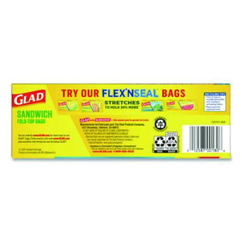 Glad Fold Top Food Storage Plastic Sandwich Bags, 6.5 x 5.5, Clear, 180 Bags/Box, 12 Boxes/Carton (60771)