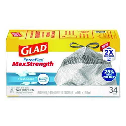 Glad ForceFlex MaxStrength Tall Kitchen Drawstring Trash Bags, 13 gal, Fresh Clean Scent, 24 x 28, White, 34/Box, 6 Boxes/Carton (70320)