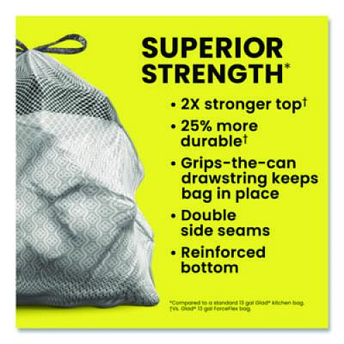 Glad ForceFlex MaxStrength Tall Kitchen Drawstring Trash Bags, 13 gal, Fresh Clean Scent, 24 x 28, White, 34/Box, 6 Boxes/Carton (70320)