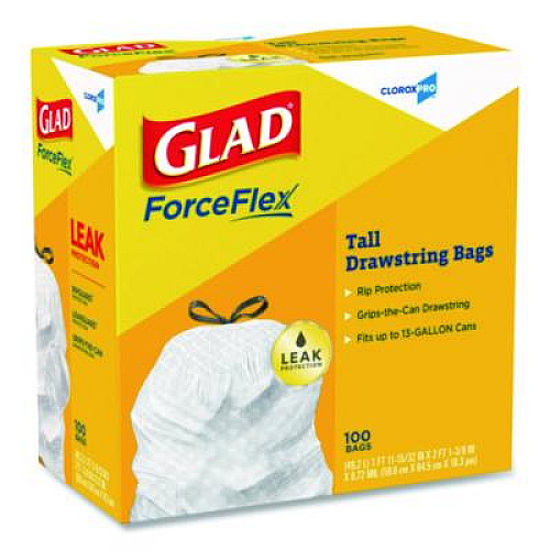 Glad CloroxPro ForceFlex Tall Kitchen Drawstring Trash Bags, 13 gal, 24 x 27.38, Gray, 100/Box (78526)