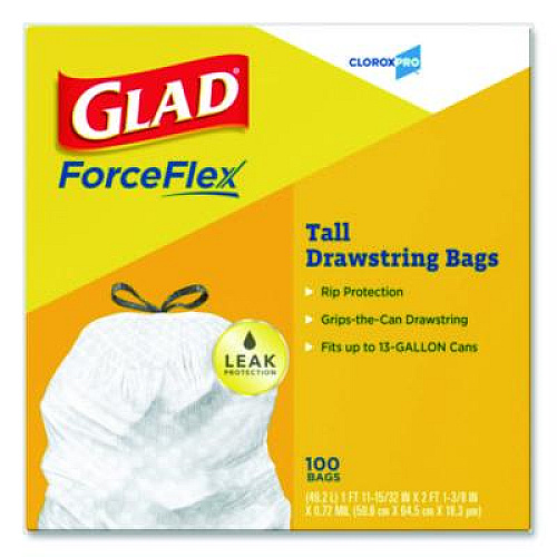 Glad CloroxPro ForceFlex Tall Kitchen Drawstring Trash Bags, 13 gal, 24 x 27.38, Gray, 100 Bags/Box, 4 Boxes/Carton (78526CT)