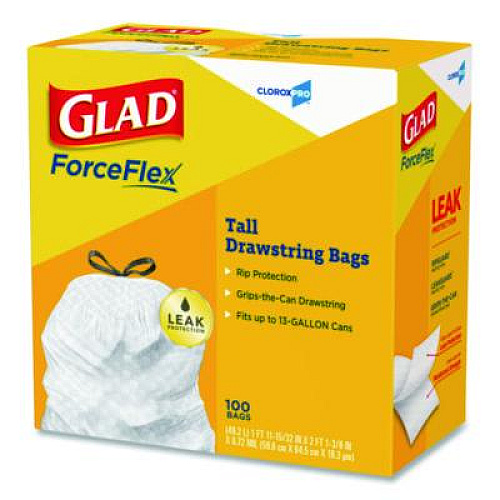Glad CloroxPro ForceFlex Tall Kitchen Drawstring Trash Bags, 13 gal, 24 x 27.38, Gray, 100 Bags/Box, 4 Boxes/Carton (78526CT)