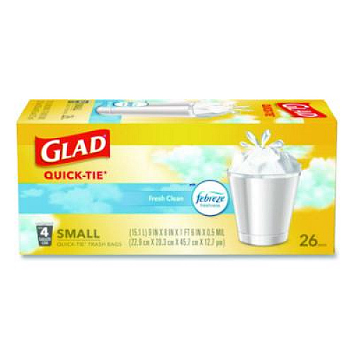 Glad OdorShield Quick-Tie Small Trash Bags, Tie-Flap, 4 gal, Febreze Fresh Clean Scent, 8 x 18, White, 26 Bags/Box, 6 Boxes/Carton (78812)