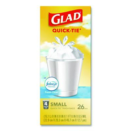 Glad OdorShield Quick-Tie Small Trash Bags, Tie-Flap, 4 gal, Febreze Fresh Clean Scent, 8 x 18, White, 26 Bags/Box, 6 Boxes/Carton (78812)