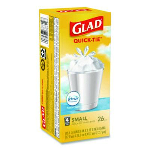 Glad OdorShield Quick-Tie Small Trash Bags, Tie-Flap, 4 gal, Febreze Fresh Clean Scent, 8 x 18, White, 26 Bags/Box, 6 Boxes/Carton (78812)
