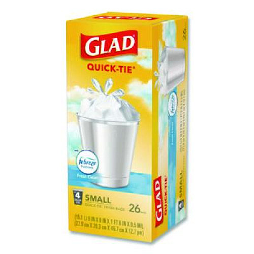 Glad OdorShield Quick-Tie Small Trash Bags, Tie-Flap, 4 gal, Febreze Fresh Clean Scent, 8 x 18, White, 26 Bags/Box, 6 Boxes/Carton (78812)