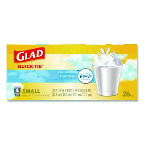 Glad OdorShield Quick-Tie Small Trash Bags, Tie-Flap, 4 gal, Febreze Fresh Clean Scent, 8 x 18, White, 26 Bags/Box, 6 Boxes/Carton (78812)
