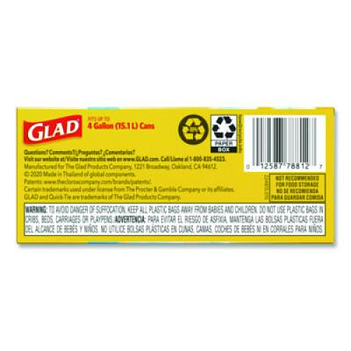 Glad OdorShield Quick-Tie Small Trash Bags, Tie-Flap, 4 gal, Febreze Fresh Clean Scent, 8 x 18, White, 26 Bags/Box, 6 Boxes/Carton (78812)