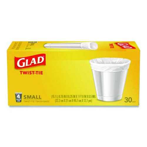Glad Small Twist-Tie Trash Bags, 4 gal, 0.74 mil, 23 x 21.63, White, 30/Box (78817EA)