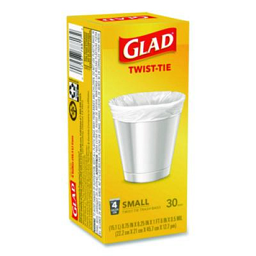 Glad Small Twist-Tie Trash Bags, 4 gal, 0.74 mil, 23 x 21.63, White, 30/Box (78817EA)