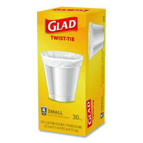 Glad Small Twist-Tie Trash Bags, 4 gal, 0.74 mil, 23 x 21.63, White, 30/Box (78817EA)