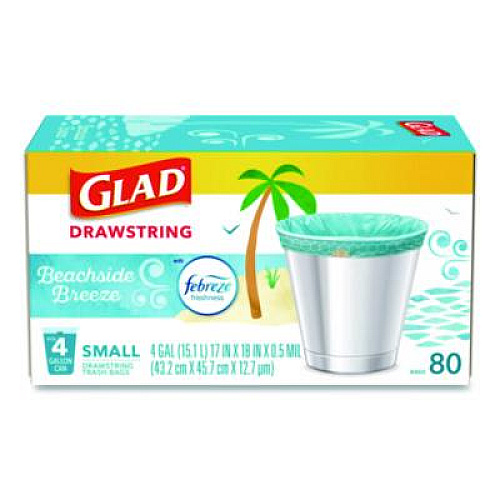 Glad OdorShield Small Drawstring Trash Bags, 4 gal, Beachside Breeze Scent, 0.5 mil, 18" x 17", Blue, 80/Box (79155)